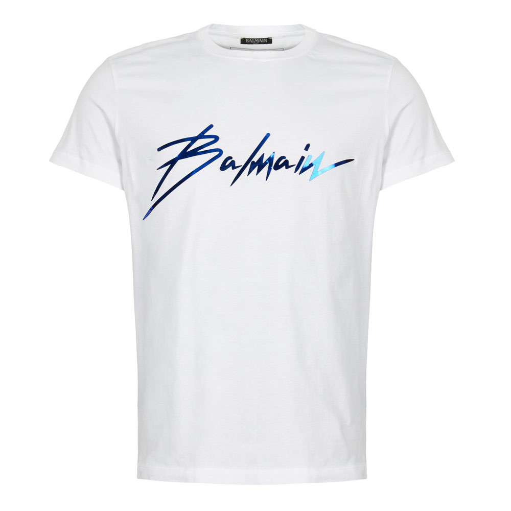 Balmain White/Blue Signature Logo T-Shirt - Rogue
