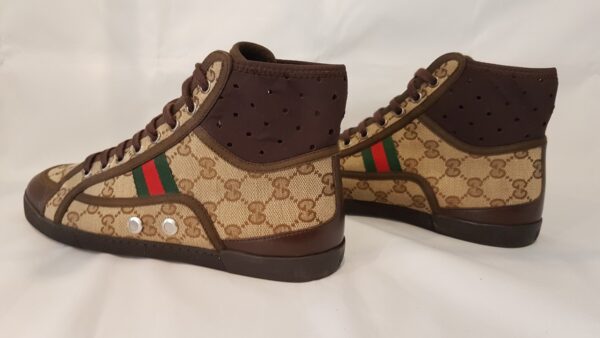 Beige Gucci California Striped High Top with monogram pattern, pre-loved.