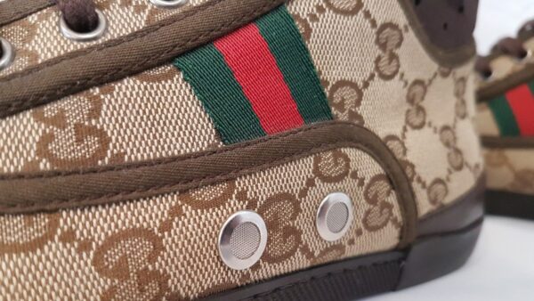 Beige Gucci California Striped High Top with monogram pattern, pre-loved.