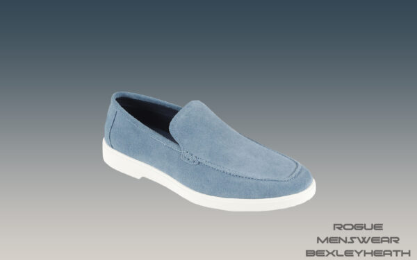 Elegant Azor Sky Blue suede slip on loafer shoe featuring a crisp white sole, perfect for a refined and polished appearance.