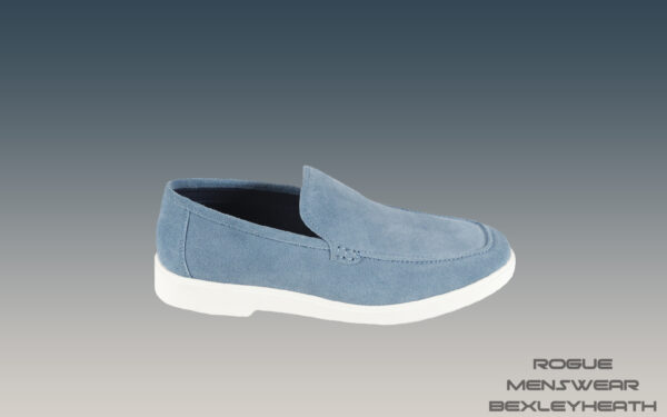 Elegant Azor Sky Blue suede slip on loafer shoe featuring a crisp white sole, perfect for a refined and polished appearance.