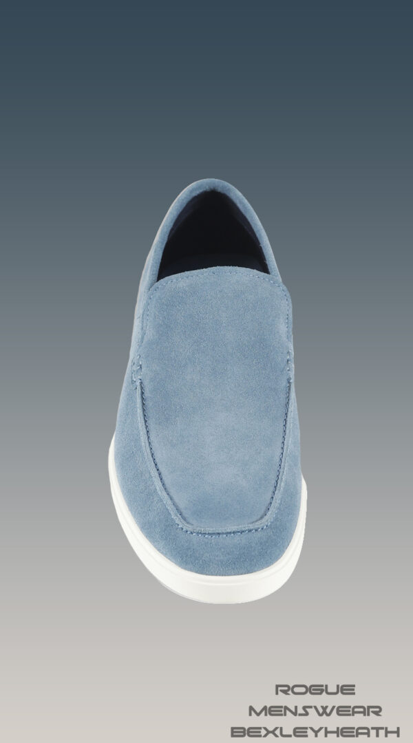 Elegant Azor Sky Blue suede slip on loafer shoe featuring a crisp white sole, perfect for a refined and polished appearance.