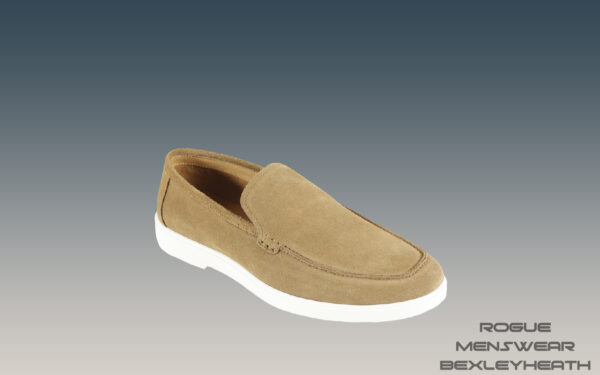 Elegant Azor Tan suede slip on loafer shoe featuring a crisp white sole, perfect for a refined and polished appearance.