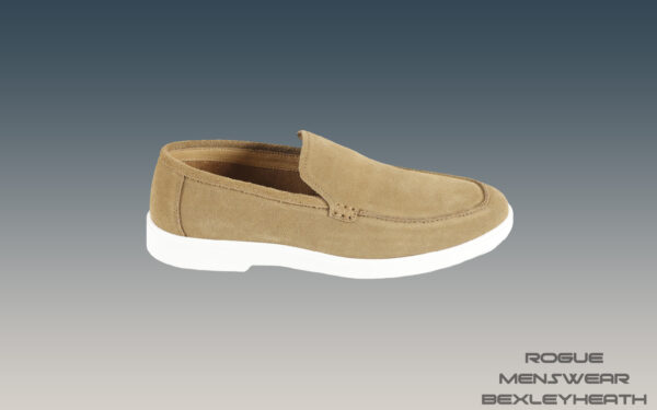 Elegant Azor Tan suede slip on loafer shoe featuring a crisp white sole, perfect for a refined and polished appearance.