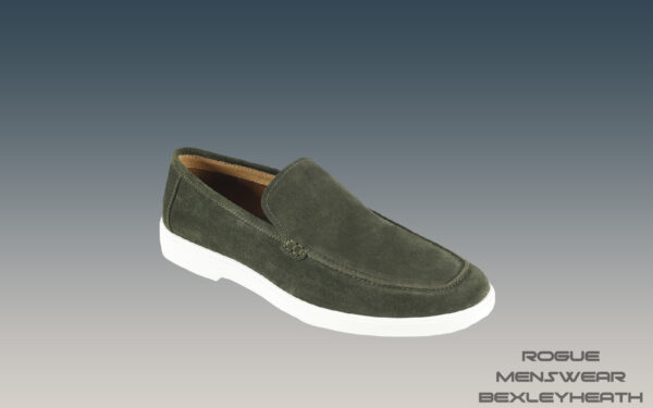 Elegant Azor Green suede slip on loafer shoe featuring a crisp white sole, perfect for a refined and polished appearance.