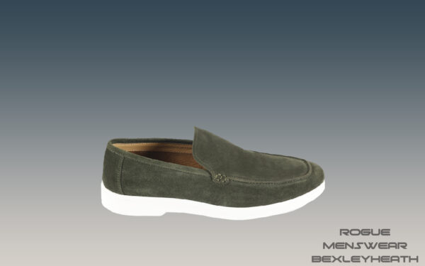 Elegant Azor Green suede slip on loafer shoe featuring a crisp white sole, perfect for a refined and polished appearance.