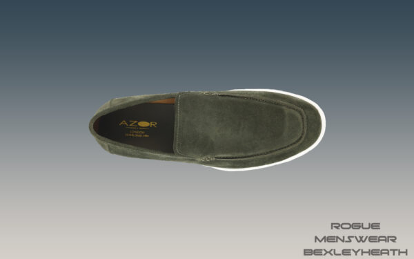 Elegant Azor Green suede slip on loafer shoe featuring a crisp white sole, perfect for a refined and polished appearance.