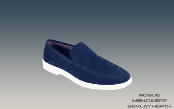 Elegant blue suede shoe with a crisp white sole, perfect for making a stylish statement.