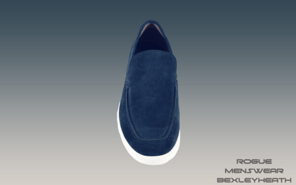 Elegant blue suede shoe with a crisp white sole, perfect for making a stylish statement.