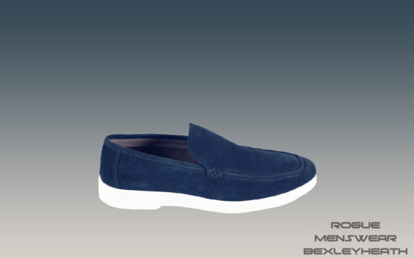 Elegant blue suede shoe with a crisp white sole, perfect for making a stylish statement.