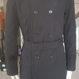 Stylish pre-loved black Hugo Boss trench coat, a timeless piece for the fashion-forward individual