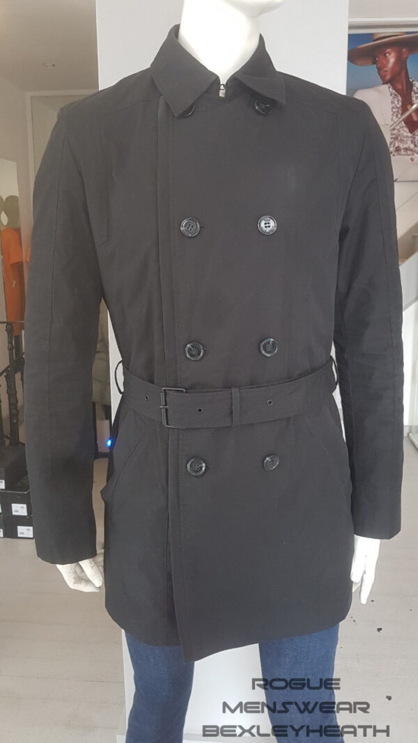 Stylish pre-loved black Hugo Boss trench coat, a timeless piece for the fashion-forward individual