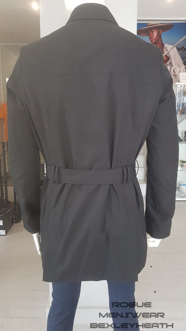 Stylish pre-loved black Hugo Boss trench coat, a timeless piece for the fashion-forward individual