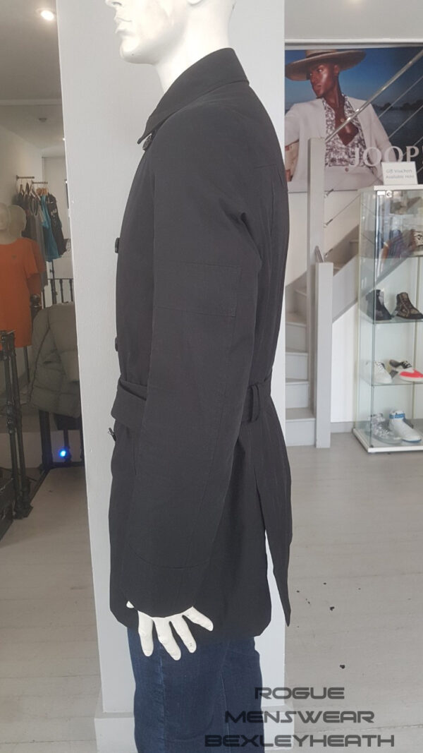 Stylish pre-loved black Hugo Boss trench coat, a timeless piece for the fashion-forward individual