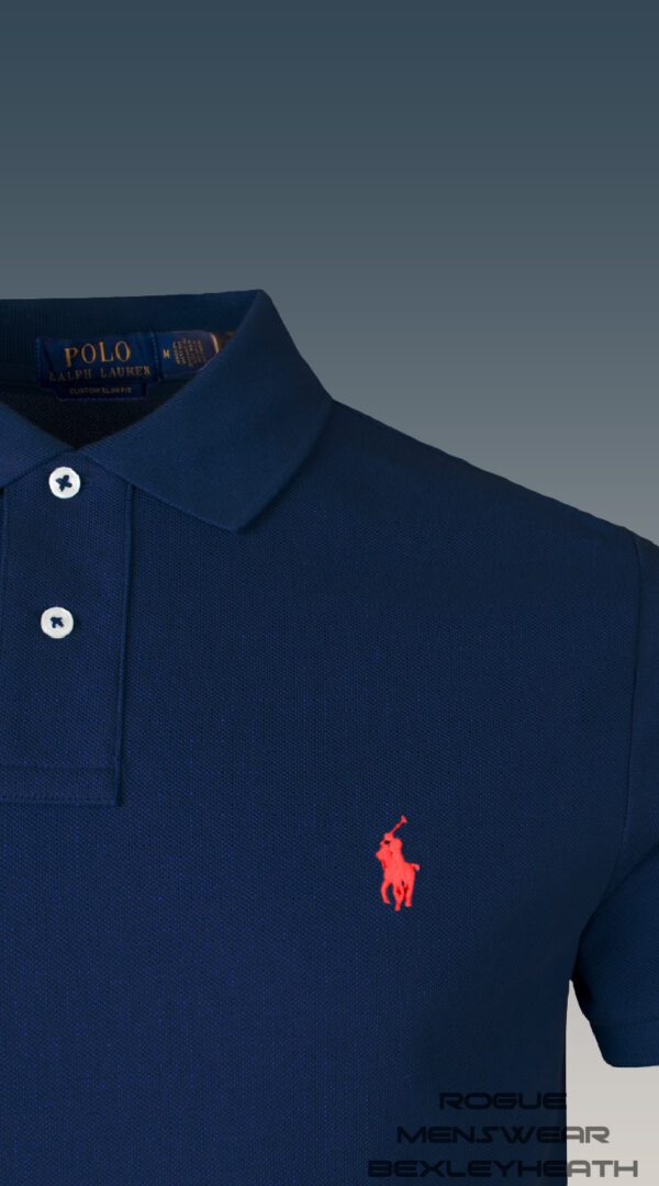 Luxurious Ralph Lauren polo shirt in navy blue with iconic red logo.