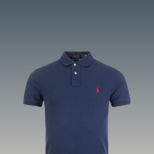 Luxurious Ralph Lauren polo shirt in navy blue with iconic red logo.