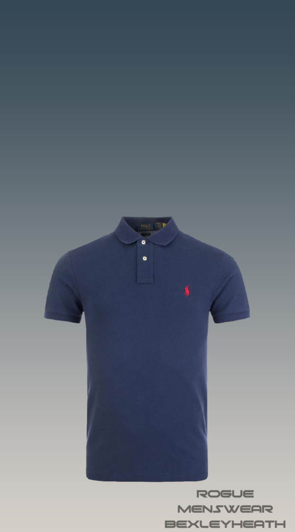 Luxurious Ralph Lauren polo shirt in navy blue with iconic red logo.