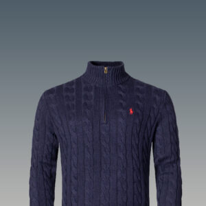 Luxurious Ralph Lauren quarter zip cable knit sweater in navy blue with iconic blue logo.