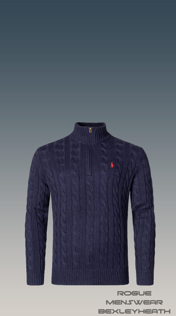 Luxurious Ralph Lauren quarter zip cable knit sweater in navy blue with iconic blue logo.