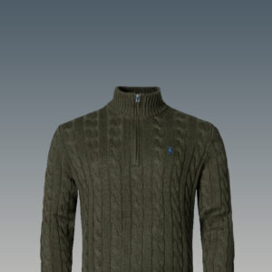 Luxurious Ralph Lauren quarter zip cable knit sweater in khaki green with iconic blue logo.