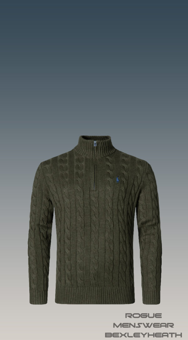 Luxurious Ralph Lauren quarter zip cable knit sweater in khaki green with iconic blue logo.