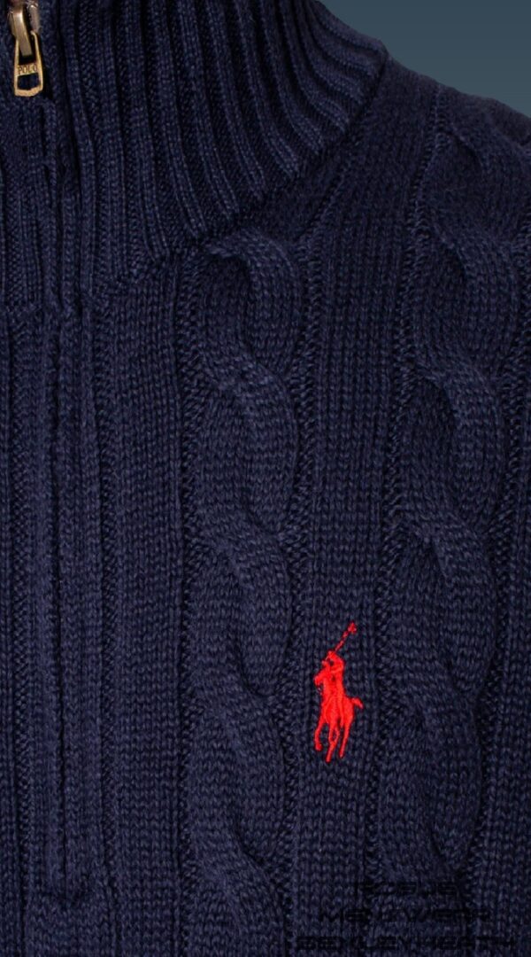 Luxurious Ralph Lauren quarter zip cable knit sweater in navy blue with iconic blue logo.