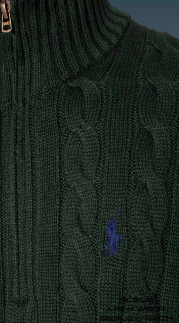 Luxurious Ralph Lauren quarter zip cable knit sweater in khaki green with iconic blue logo.