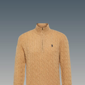 Luxurious Ralph Lauren quarter zip cable knit sweater in camel with iconic blue logo.