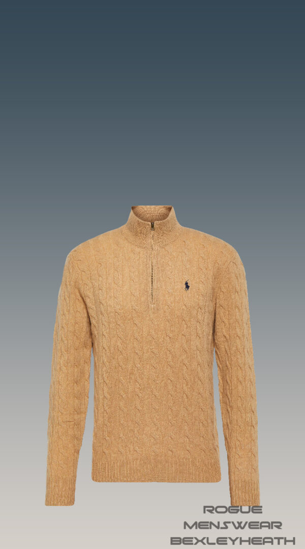 Luxurious Ralph Lauren quarter zip cable knit sweater in camel with iconic blue logo.