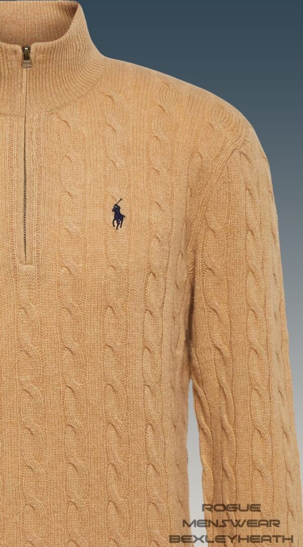 Luxurious Ralph Lauren quarter zip cable knit sweater in camel with iconic blue logo.