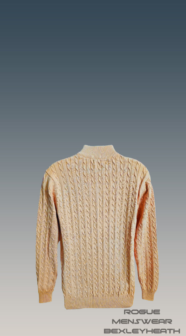 Luxurious Ralph Lauren quarter zip cable knit sweater in camel with iconic blue logo.